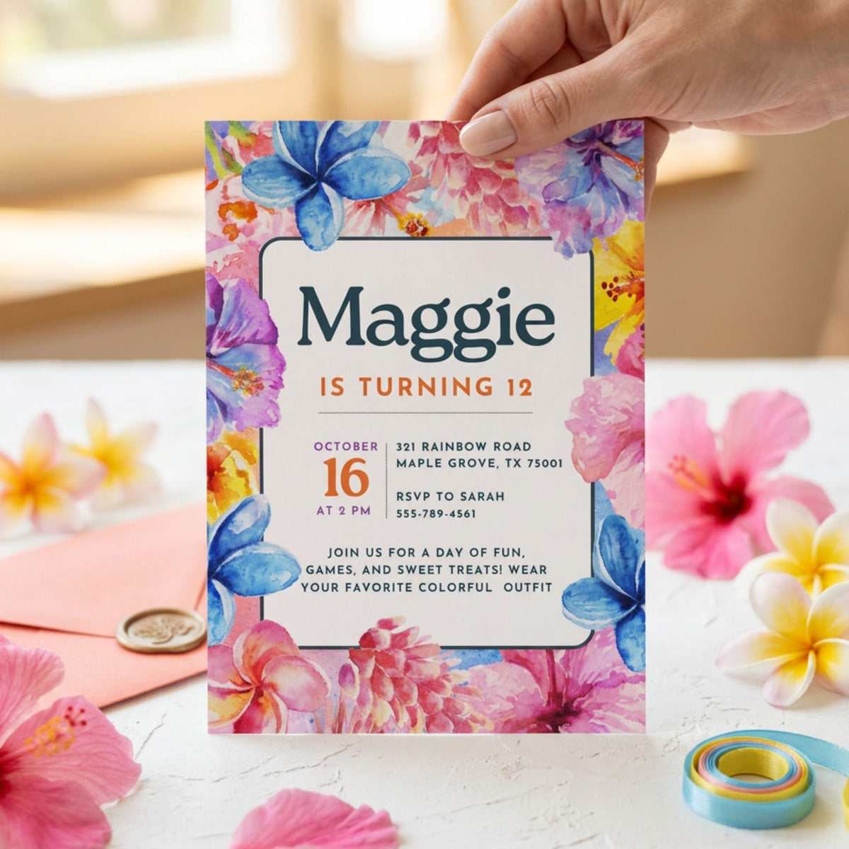 Rainbow Watercolor Floral Birthday Invitation Template, Colorful Girls’ Party Invite, Editable Canva Template, Printable 5x7 Invitation