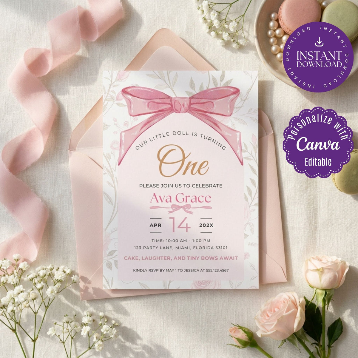Pink Bow First Birthday Invitation Template, Coquette Girl Birthday Party Invite, Editable Canva Template, Printable 5x7 Invitation