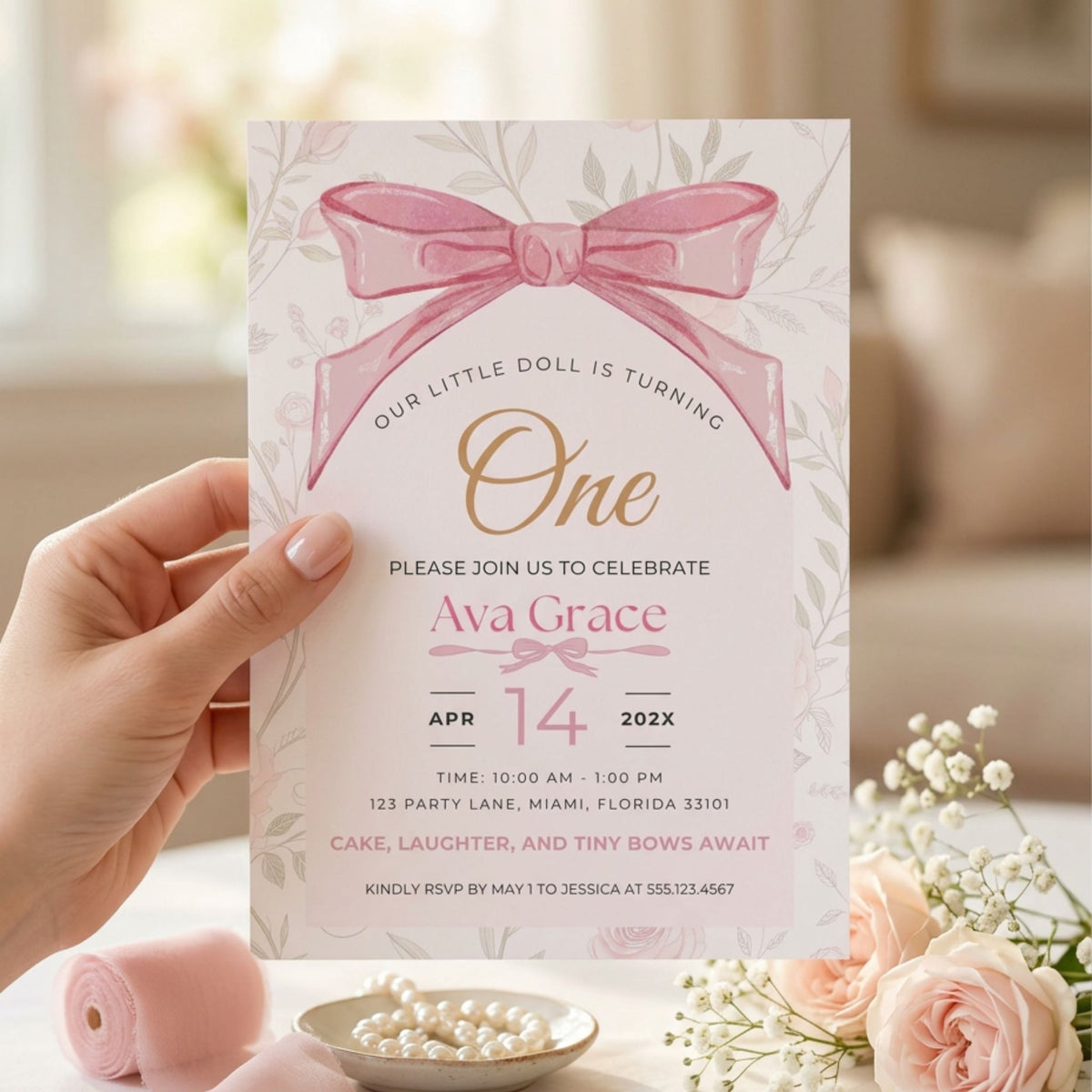 Pink Bow First Birthday Invitation Template, Coquette Girl Birthday Party Invite, Editable Canva Template, Printable 5x7 Invitation