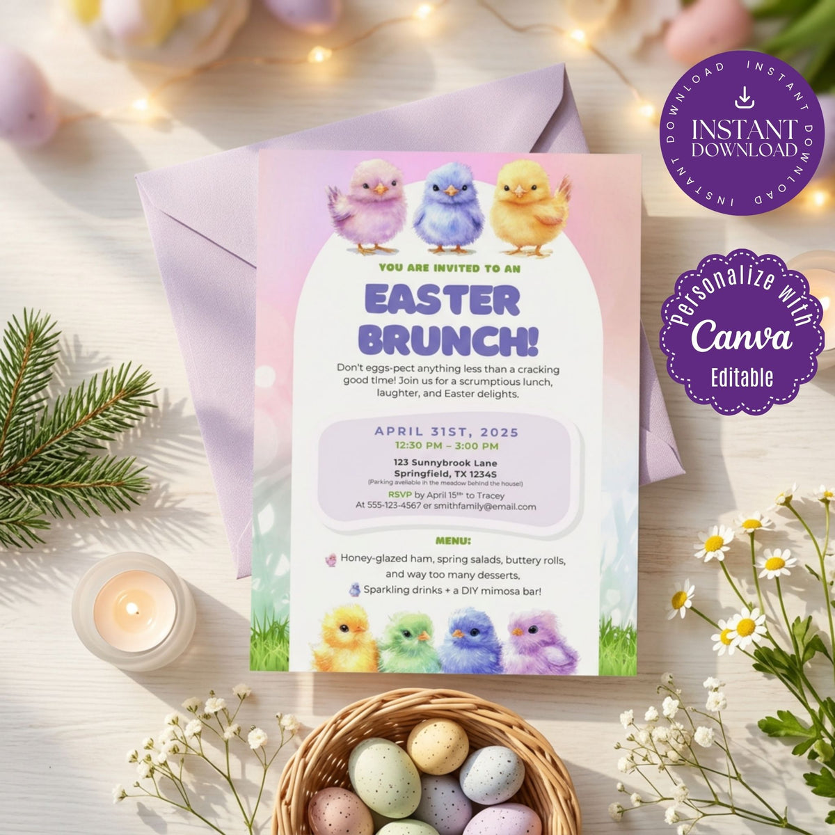 Easter Brunch Invitation Template, Spring Floral Easter Party Invite, Editable Canva Template, Printable 5x7 Invitation