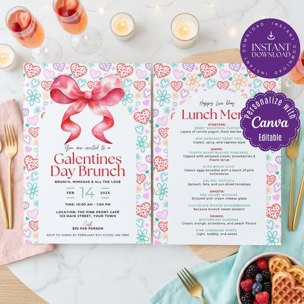 Galentine’s Day Brunch Invitation and Menu Template, Girls’ Valentine’s Party Invite, Editable Canva Templates, Printable 5x7 Set
