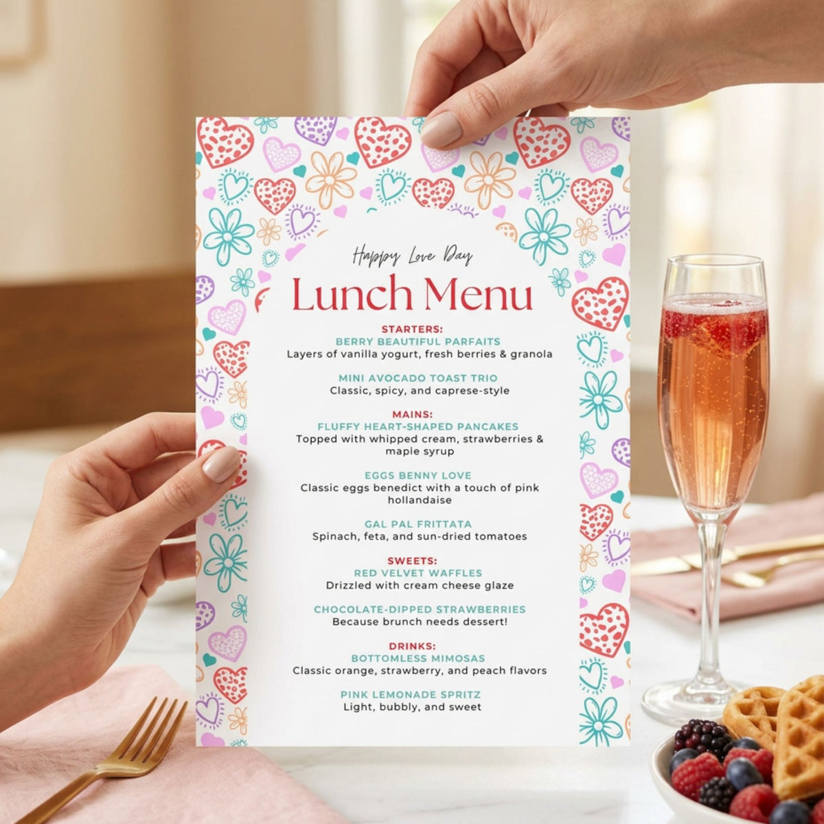 Galentine’s Day Brunch Invitation and Menu Template, Girls’ Valentine’s Party Invite, Editable Canva Templates, Printable 5x7 Set
