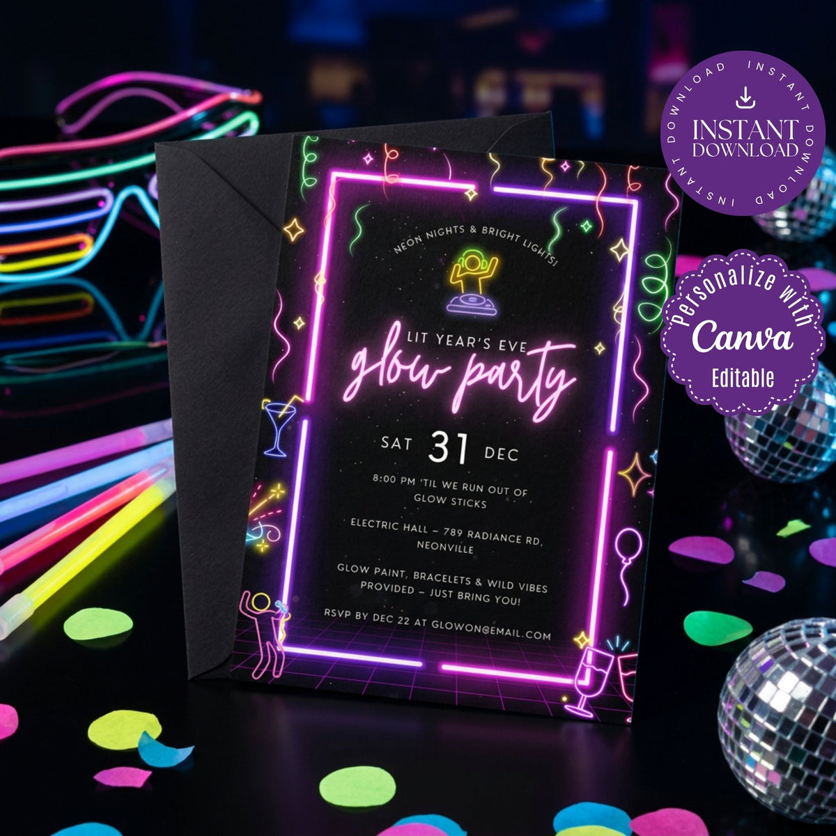 New Year’s Eve Glow Party Invitation Template, Neon NYE Celebration Invite, Editable Canva Template, Printable 5x7 Invitation