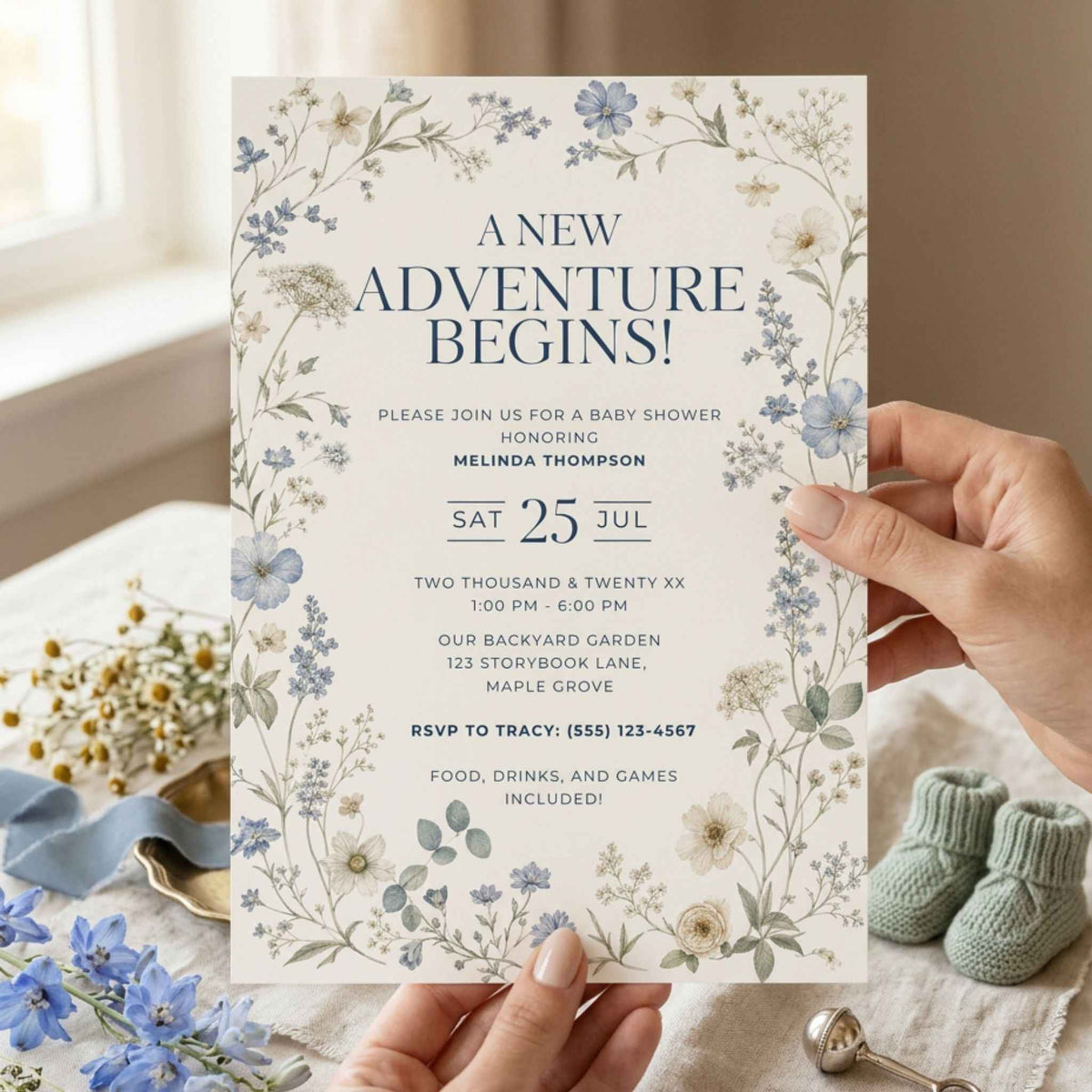 Wildflower Baby Shower Invitation Template, Blue Floral Baby Shower Invite, Whimsical Garden Baby Shower, Editable Canva Invitation, Printable Instant Download