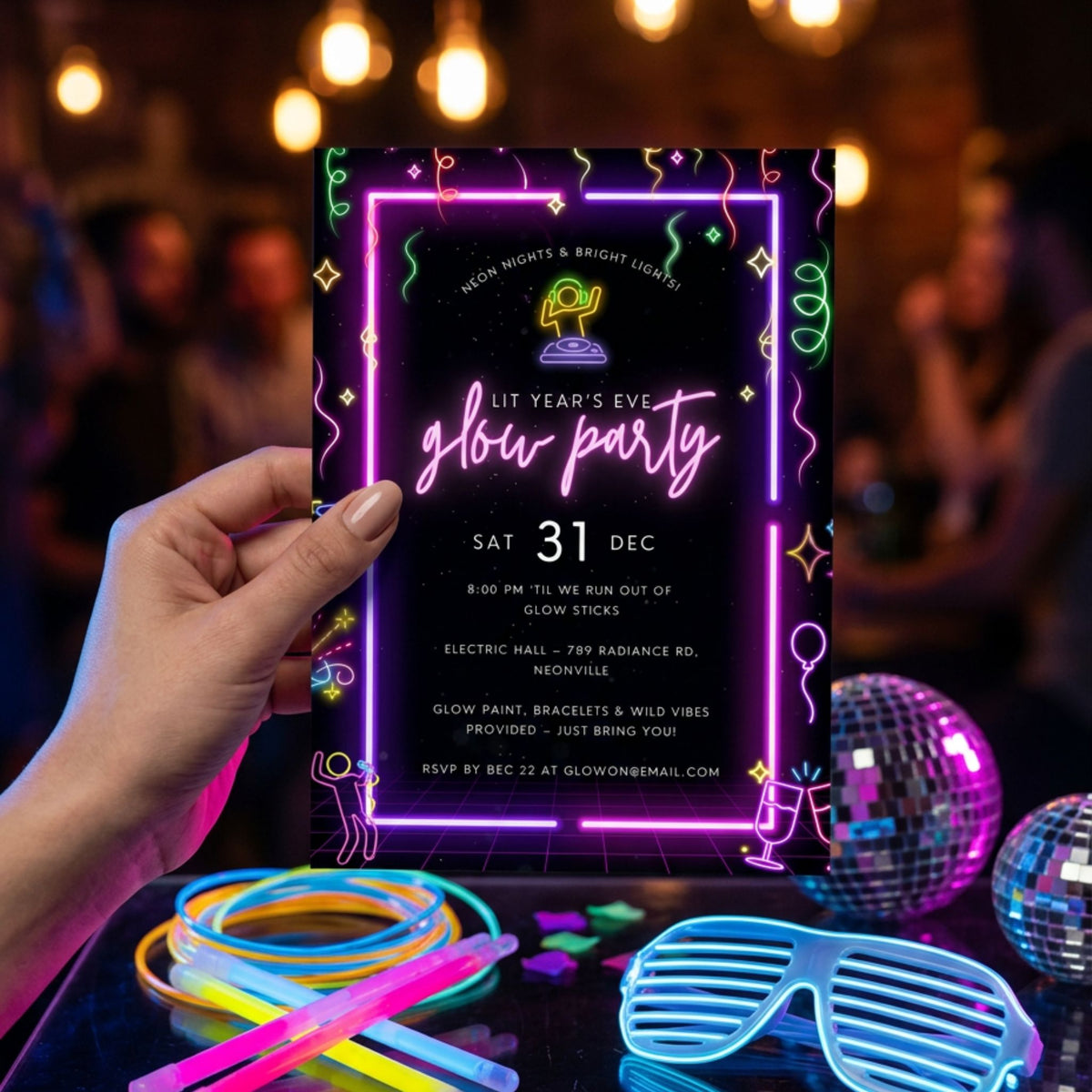 New Year’s Eve Glow Party Invitation Template, Neon NYE Celebration Invite, Editable Canva Template, Printable 5x7 Invitation