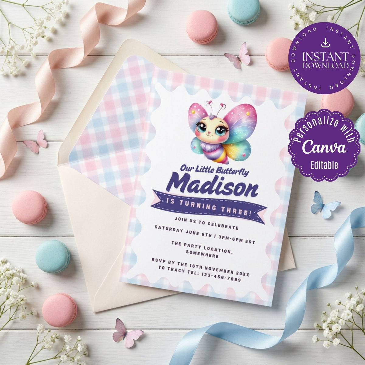 Cute Butterfly Kids Birthday Invitation Template, Colorful Girls Birthday Party Invite, Editable Canva Template, Printable 5x7 Invitation
