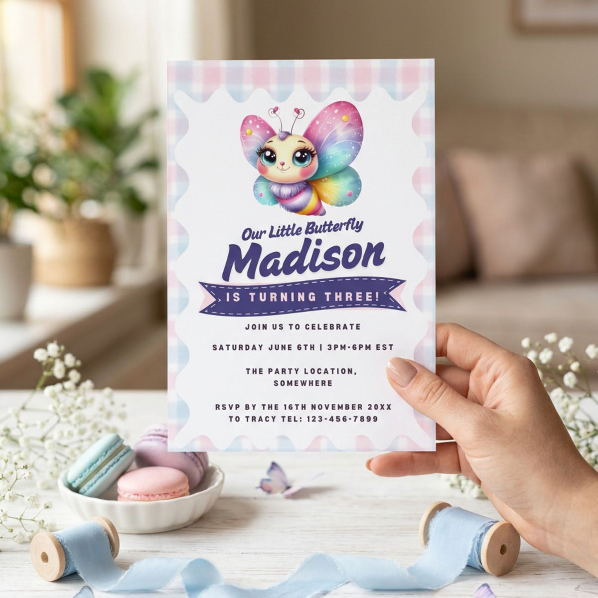 Cute Butterfly Kids Birthday Invitation Template, Colorful Girls Birthday Party Invite, Editable Canva Template, Printable 5x7 Invitation