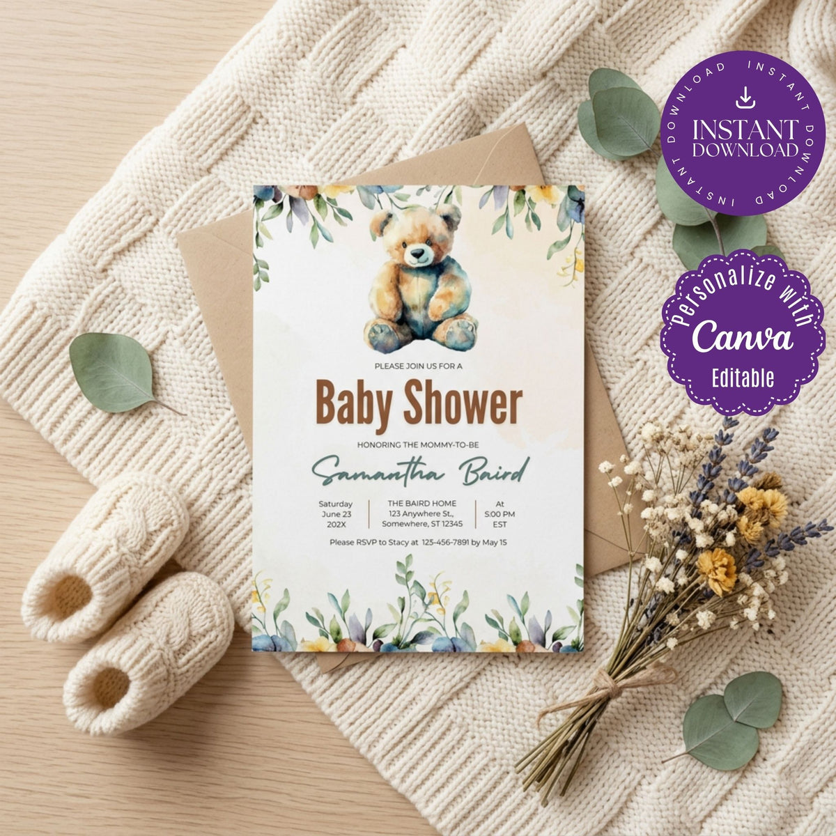 Boho Teddy Bear Baby Shower Invitation Template, Neutral Bear Baby Shower Invite, Editable Canva Template, Printable 5x7 Invitation