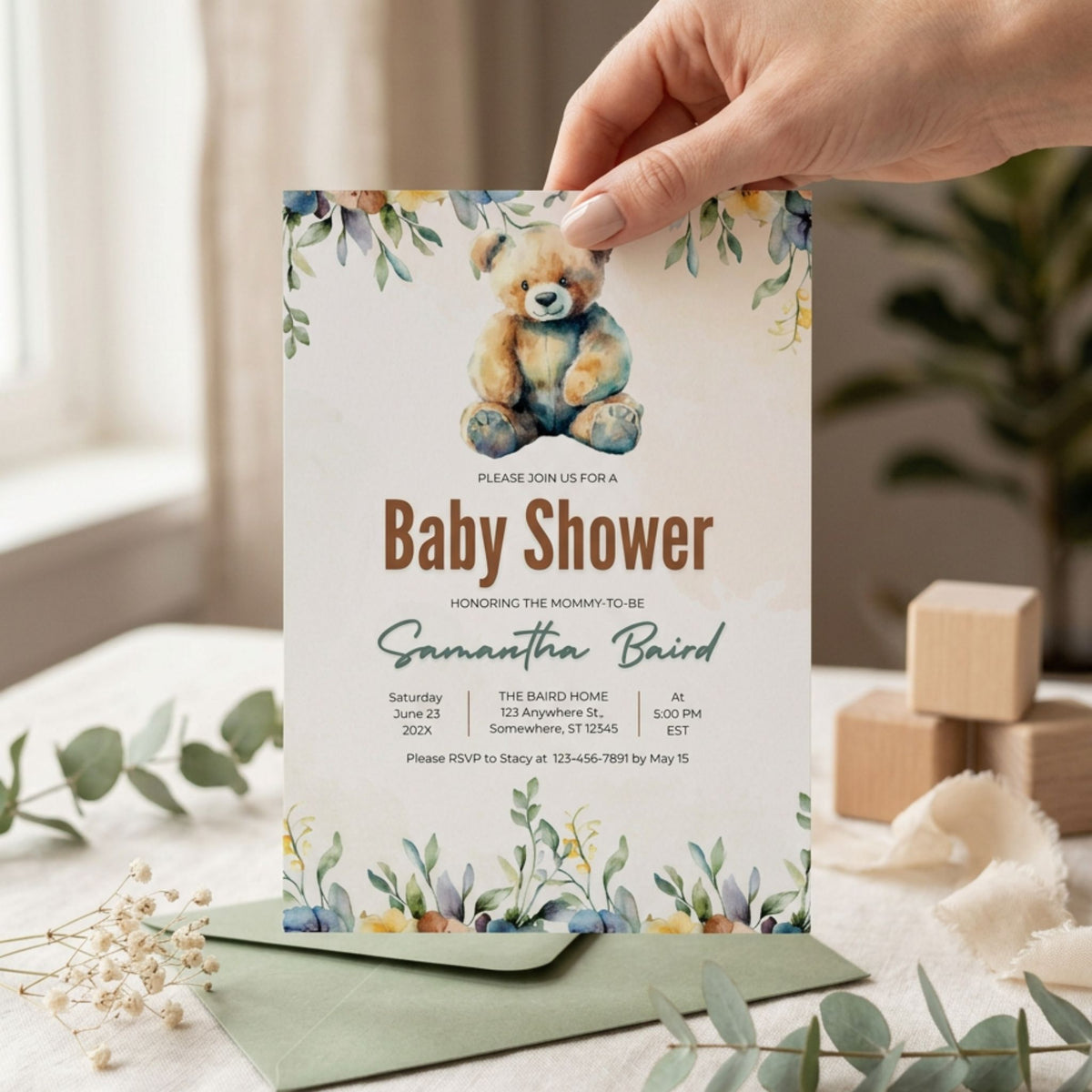 Boho Teddy Bear Baby Shower Invitation Template, Neutral Bear Baby Shower Invite, Editable Canva Template, Printable 5x7 Invitation