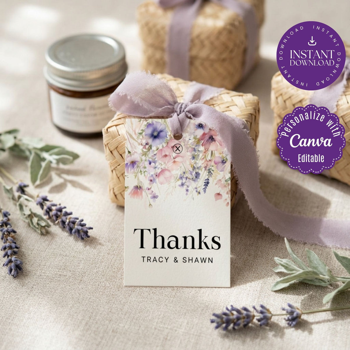 Wildflower Thank You Tag Template, Floral Wedding and Baby Shower Favor Tags, Printable Gift Tags, Editable Canva Template