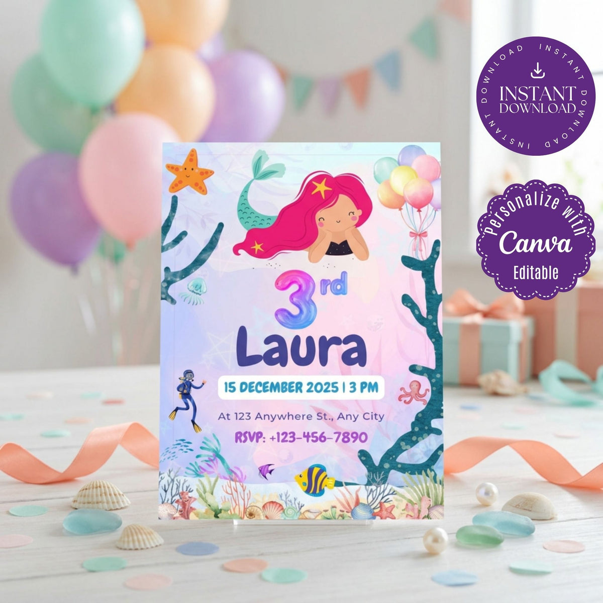 Mermaid Under the Sea Birthday Invitation Template, Girls’ Ocean Theme Party Invite, Editable Canva Template, Printable 5x7 Invitation