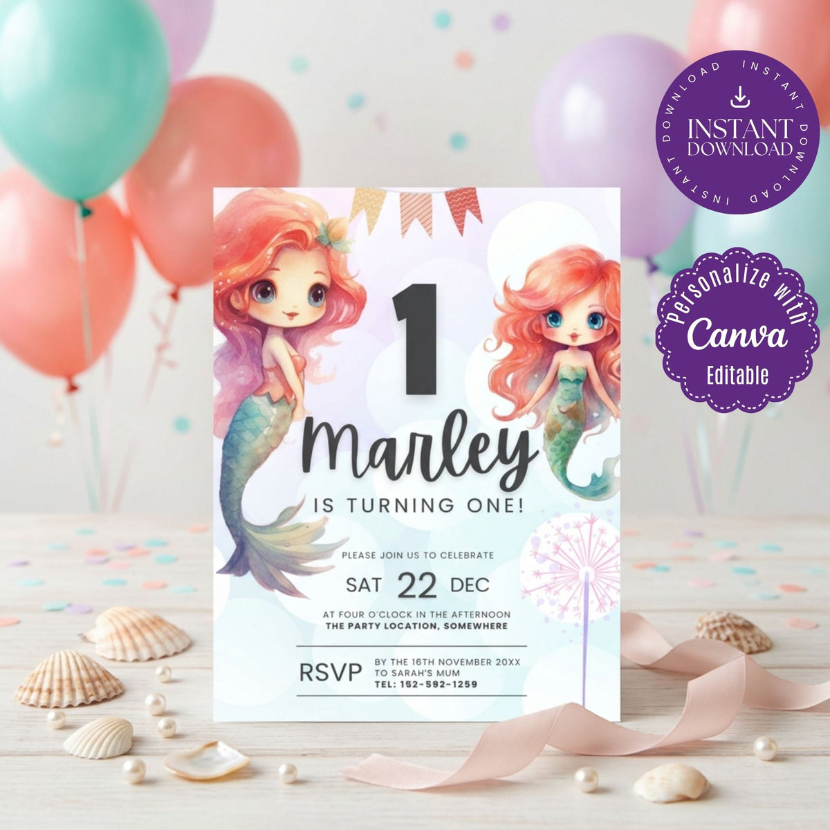 Mermaid First Birthday Invitation Template, Under the Sea Girls’ 1st Birthday Party Invite, Editable Canva Template, Printable 5x7 Invitation