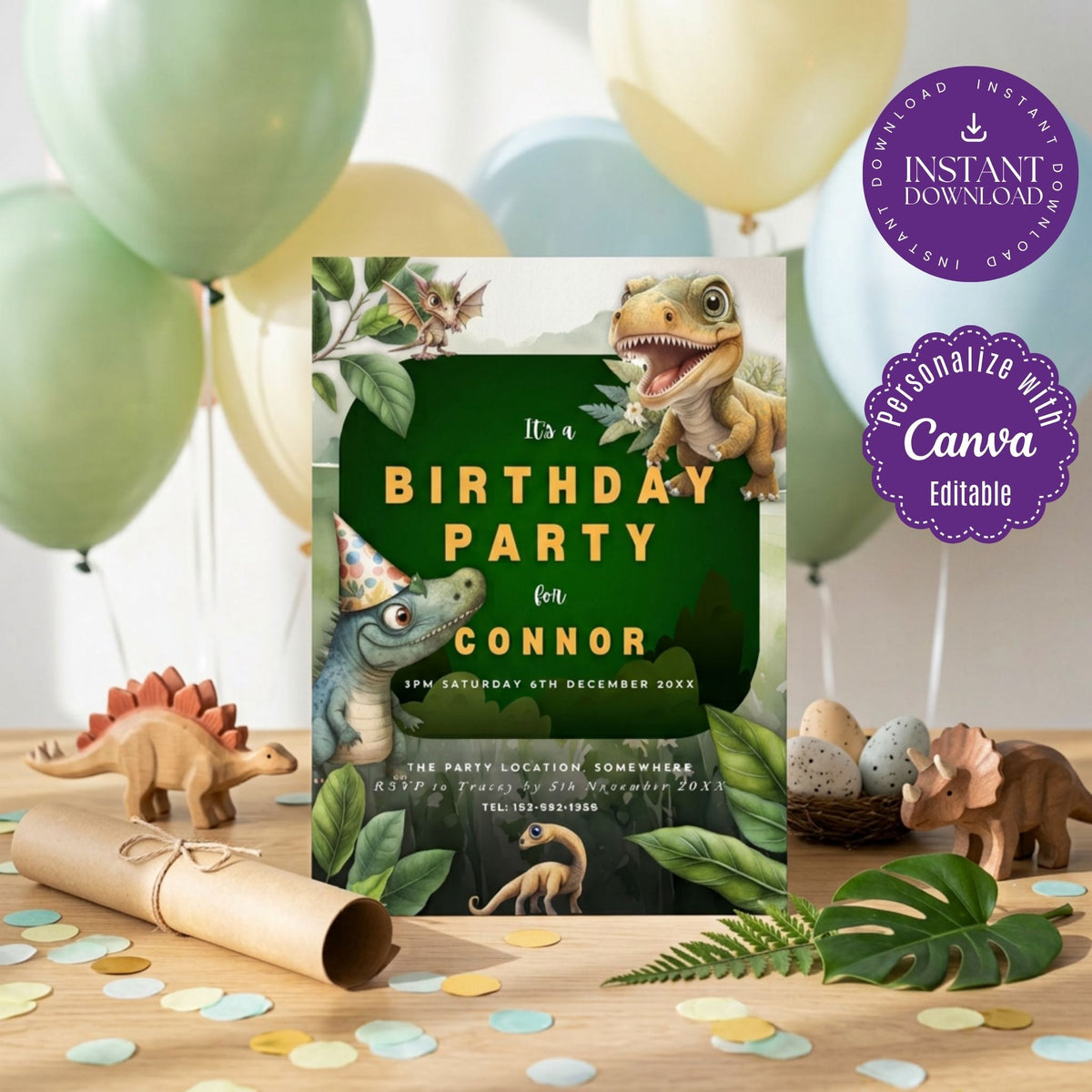 Dinosaur Birthday Party Invitation Template, Prehistoric Kids’ Birthday Invite, Editable Canva Template, Printable 5x7 Invitation