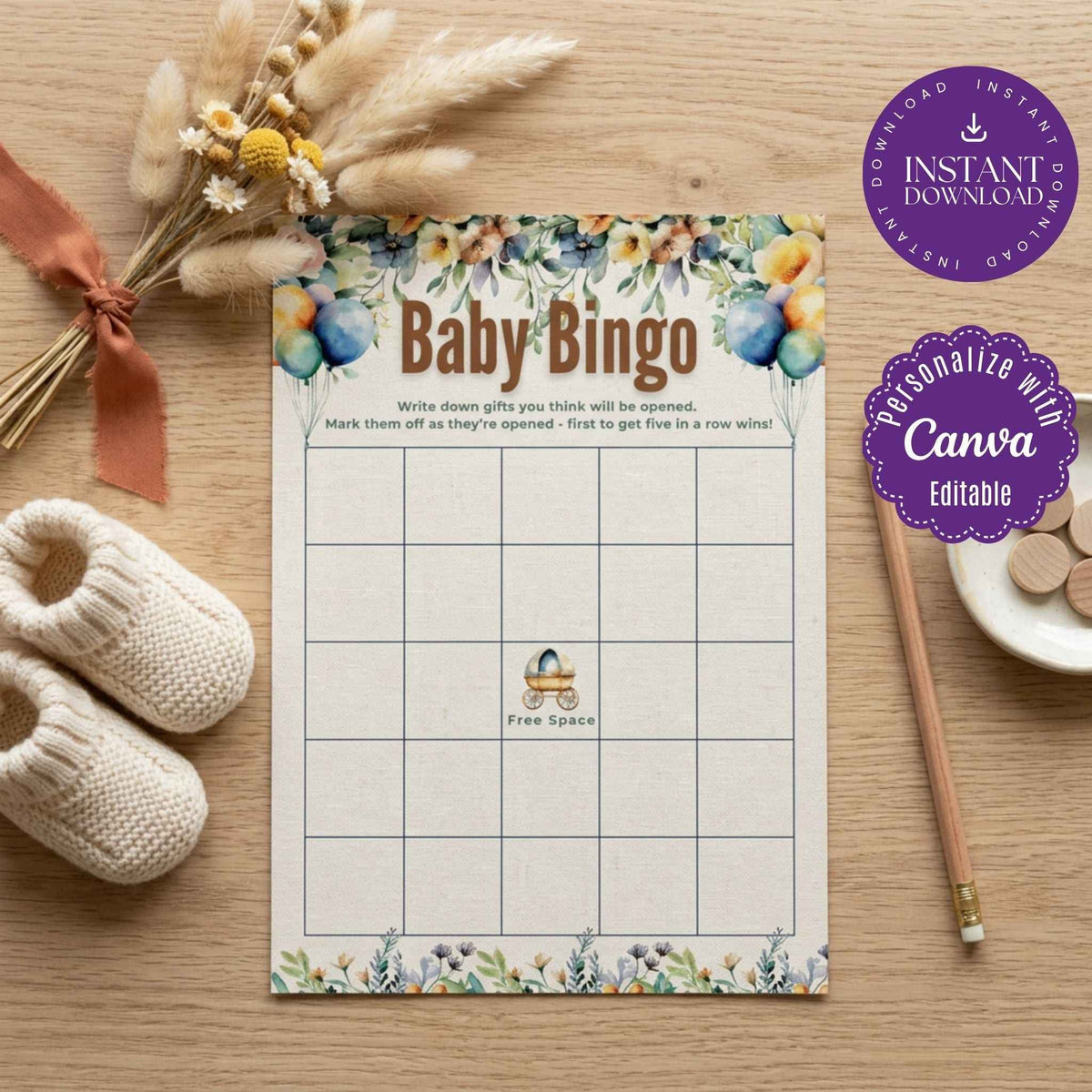 Boho Baby Shower Bingo Card Template, Floral Gift Bingo Game | Terracotta and Sage Green Baby Shower Activity, DIY Printable Bingo