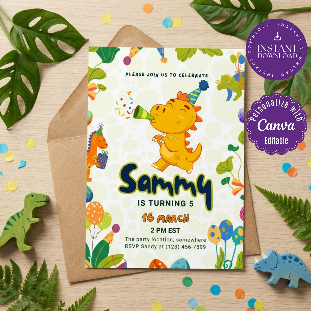 Dinosaur Kids’ Birthday Invitation Template, Prehistoric Dino Party Invite, Editable Canva Template, Printable 5x7 Invitation