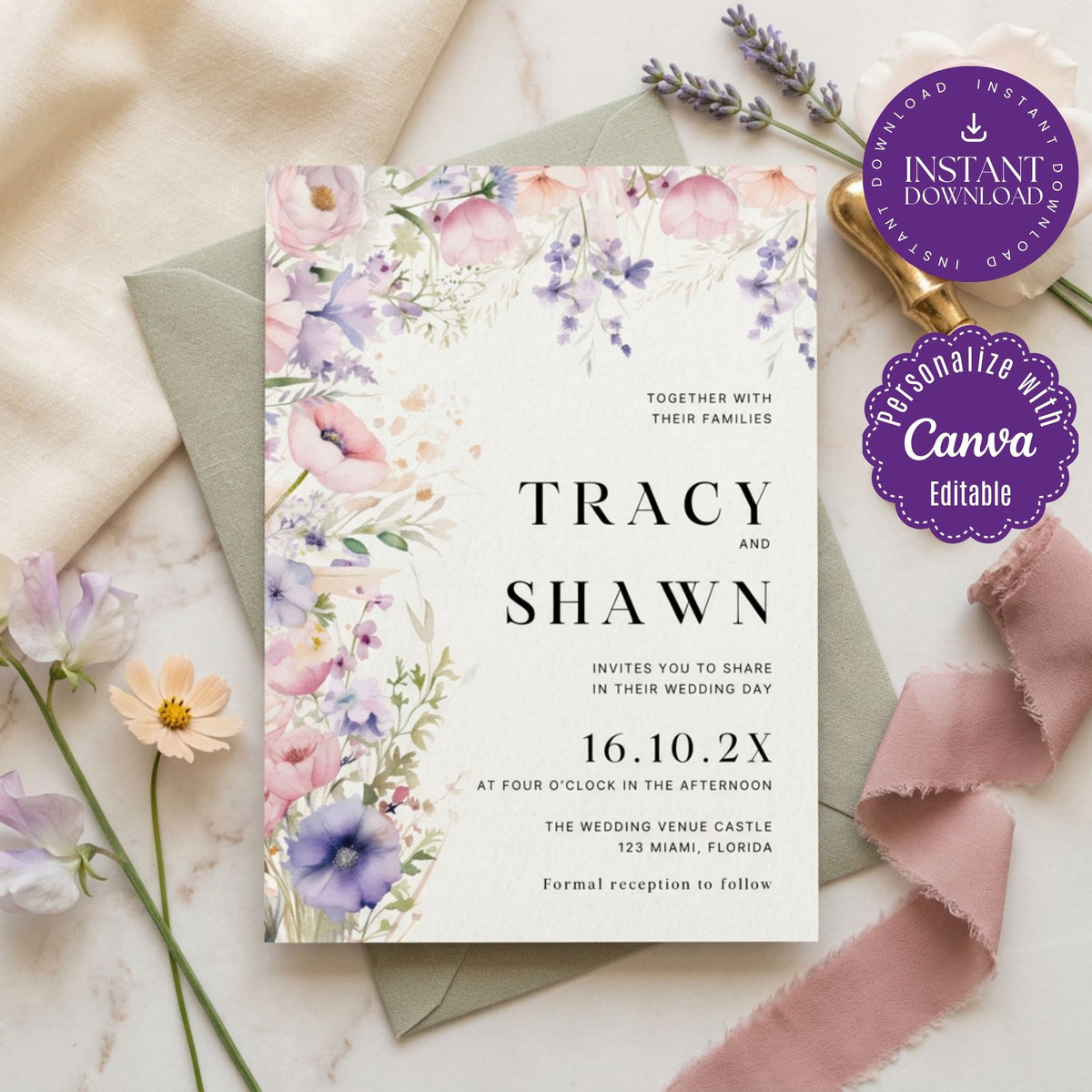 Wildflower Wedding Invitation Template, Romantic Floral Wedding Invite, Editable Canva Template, Printable 5x7 Invitation