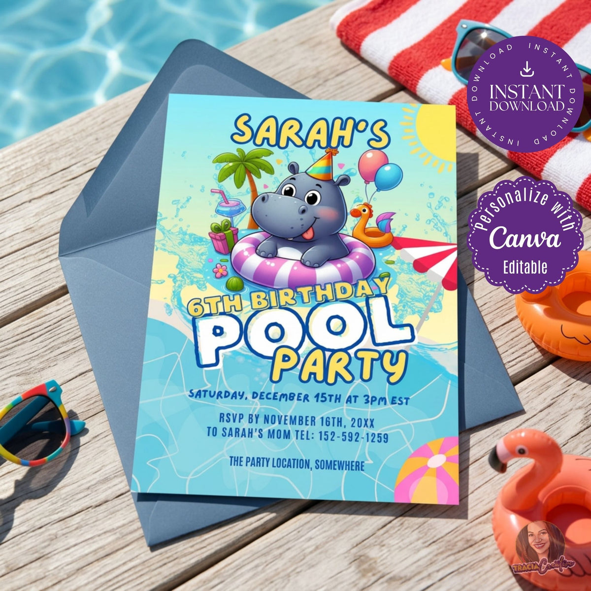 Kids’ Pool Party Birthday Invitation Template, Summer Swimming Party Invite, Editable Canva Template, Printable 5x7 Invitation