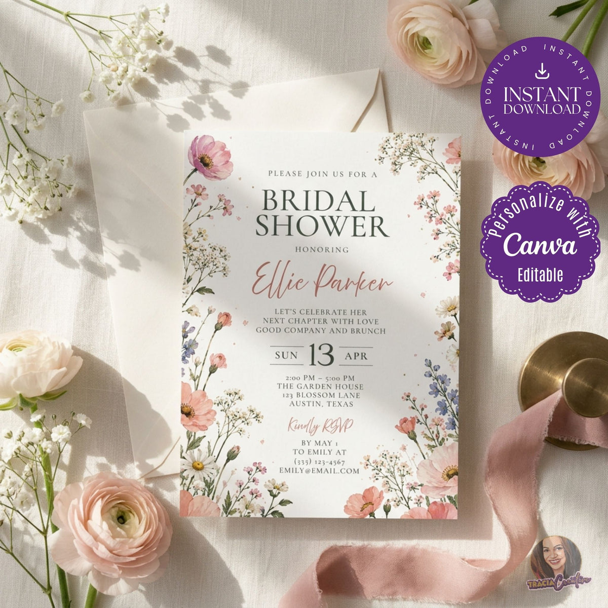 Watercolor Wildflower Bridal Shower Invitation Template, Romantic Floral Wedding Shower Invite, Editable Canva Template, Printable 5x7 Invitation