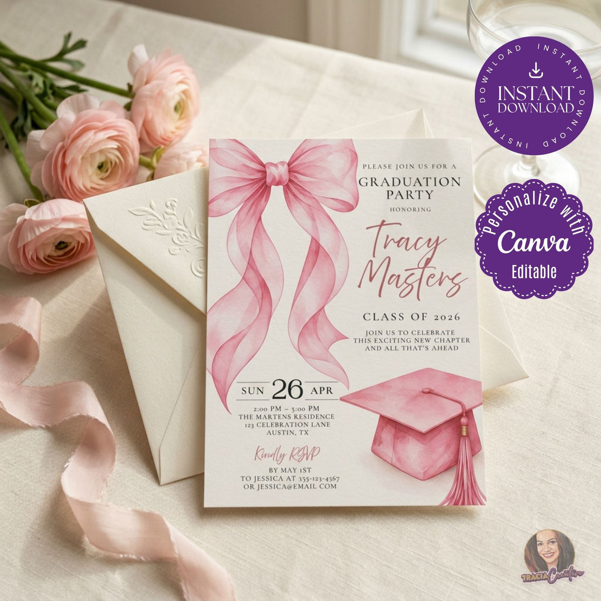 Pink Bow Graduation Party Invitation Template, Coquette Graduation Invite, Editable Canva Template, Printable 5x7 Invitation