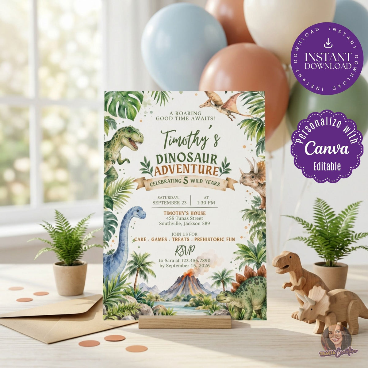 Watercolor Dinosaur Birthday Invitation Template, Prehistoric Kids’ Party Invite, Editable Canva Template, Printable 5x7 Invitation