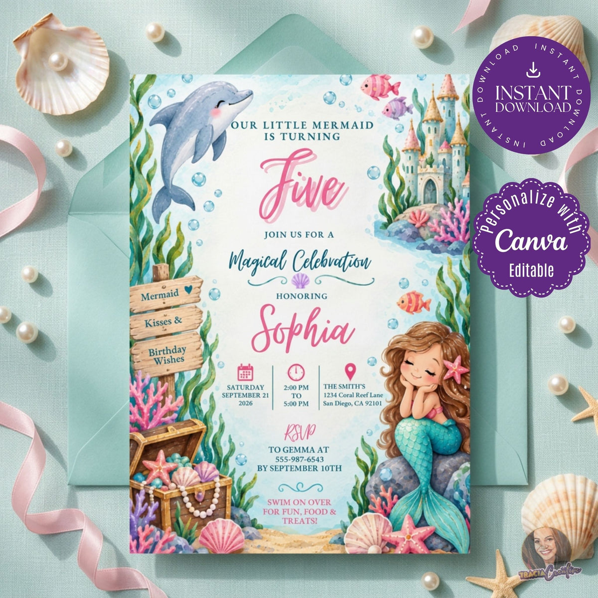 Our Little Mermaid Birthday Invitation Template, Under the Sea Kids’ Party Invite, Editable Canva Template, Printable 5x7 Invitation