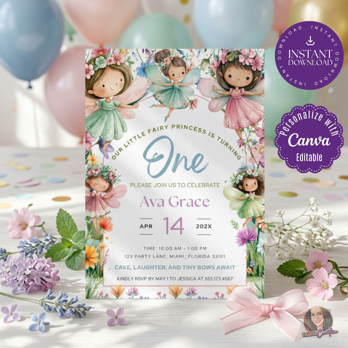 Fairy Princess First Birthday Invitation Template, Magical Girls’ 1st Birthday Party Invite, Editable Canva Template, Printable 5x7 Invitation