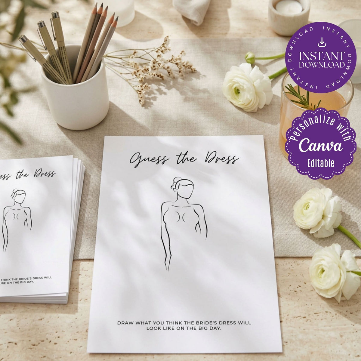 Guess the Dress Bridal Shower Game Template, Design the Wedding Dress Activity, Editable Canva Template, Printable 5x7 Game