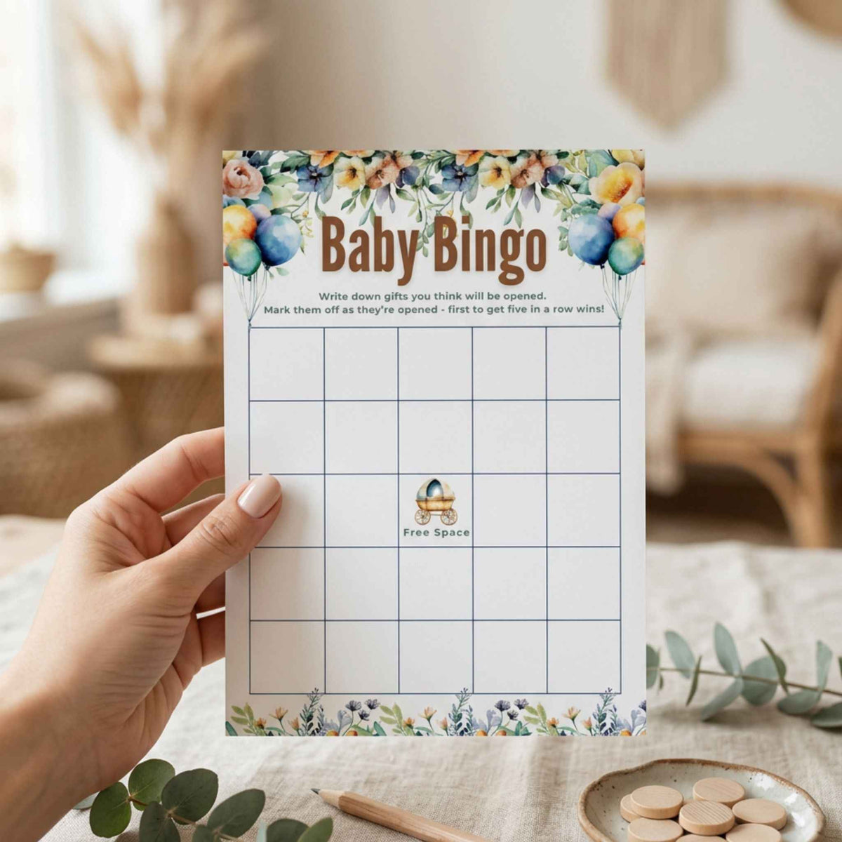 Boho Baby Shower Bingo Card Template, Floral Gift Bingo Game | Terracotta and Sage Green Baby Shower Activity, DIY Printable Bingo