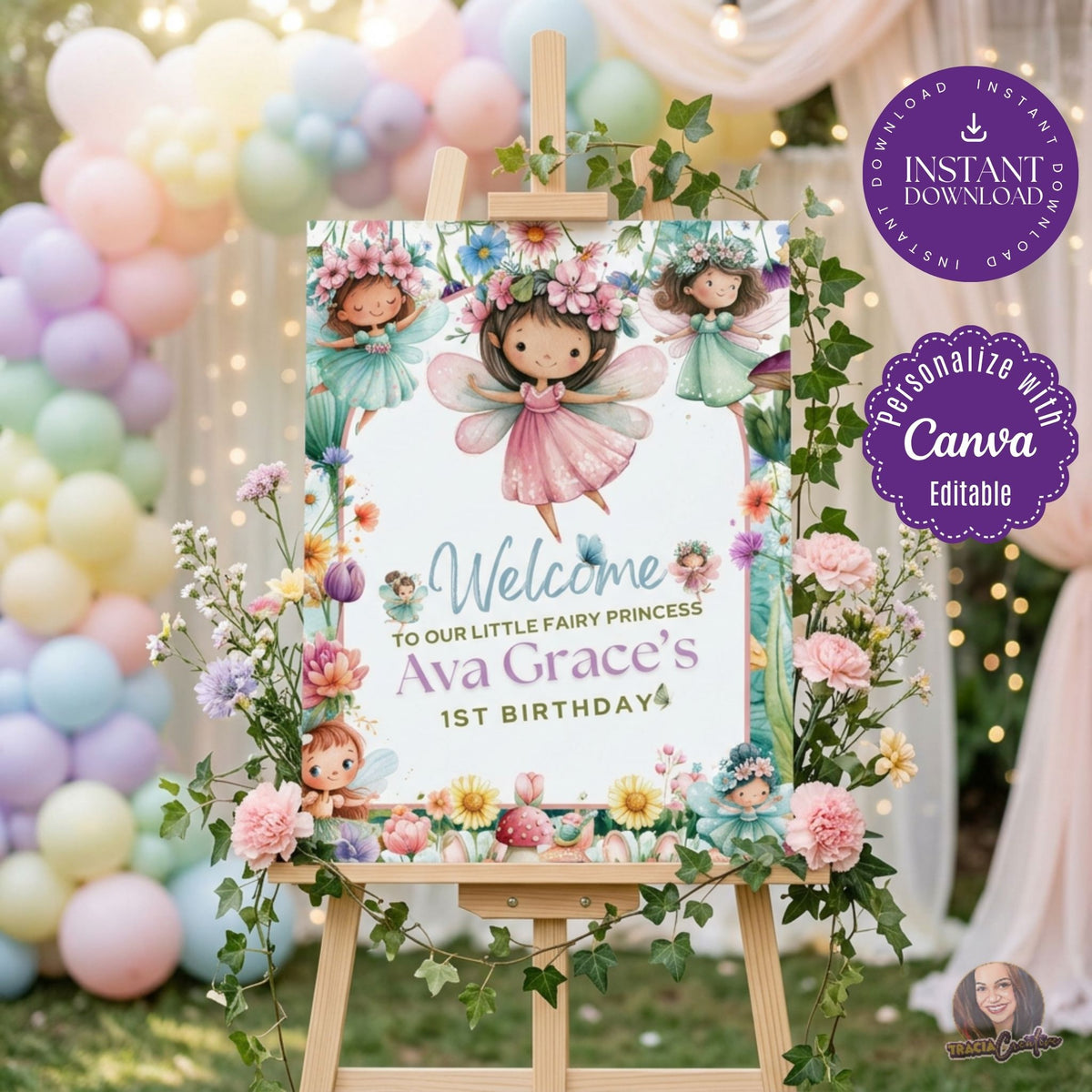 Fairy Princess First Birthday Welcome Sign Template, Magical Girls’ 1st Birthday Party Sign, Editable Canva Printable