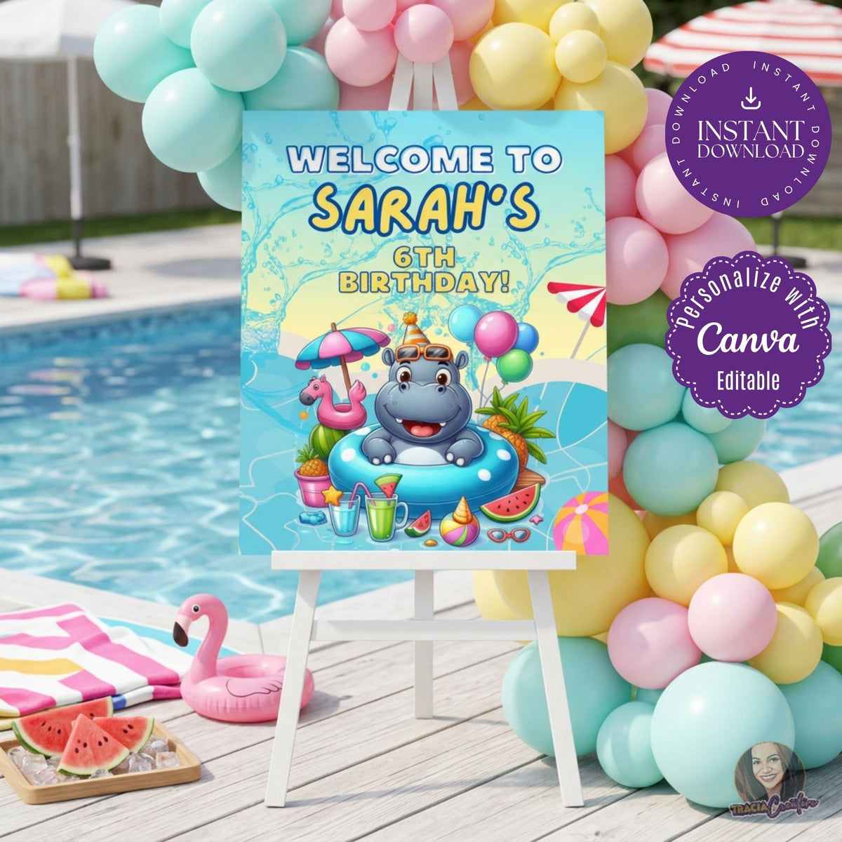 Kids’ Birthday Pool Party Welcome Sign Template, Summer Swimming Party Sign, Editable Canva Printable