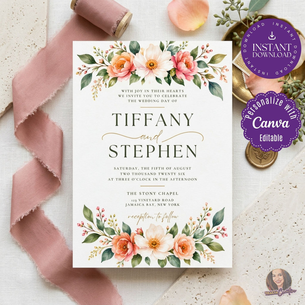 Elegant Watercolor Floral Wedding Invitation Template, Coral Blush Botanical Wedding Invite, Editable Canva Template, Printable 5x7 Invitation