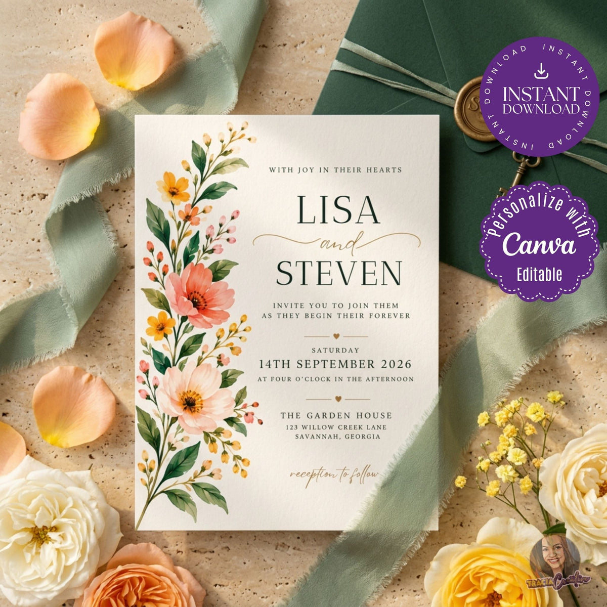 Coral Wildflower Wedding Invitation Template, Elegant Garden Botanical Wedding Invite, Editable Canva, Printable 5x7