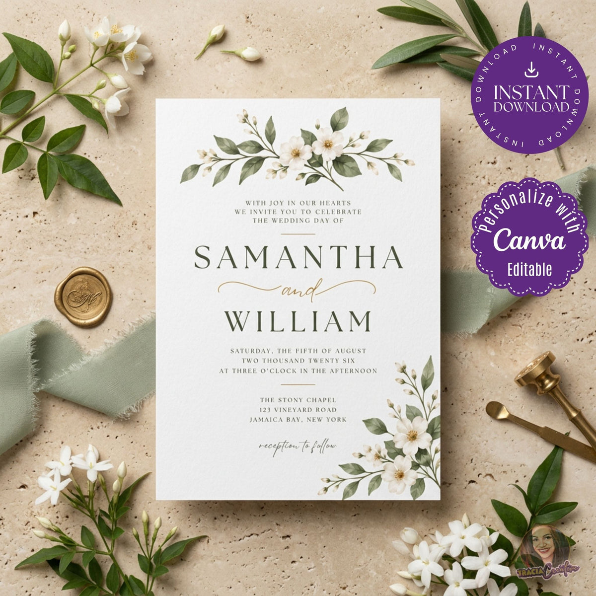 Ivory Floral Wedding Invitation Template, Sage Green Botanical Wedding Invite, Editable Canva, Printable 5x7