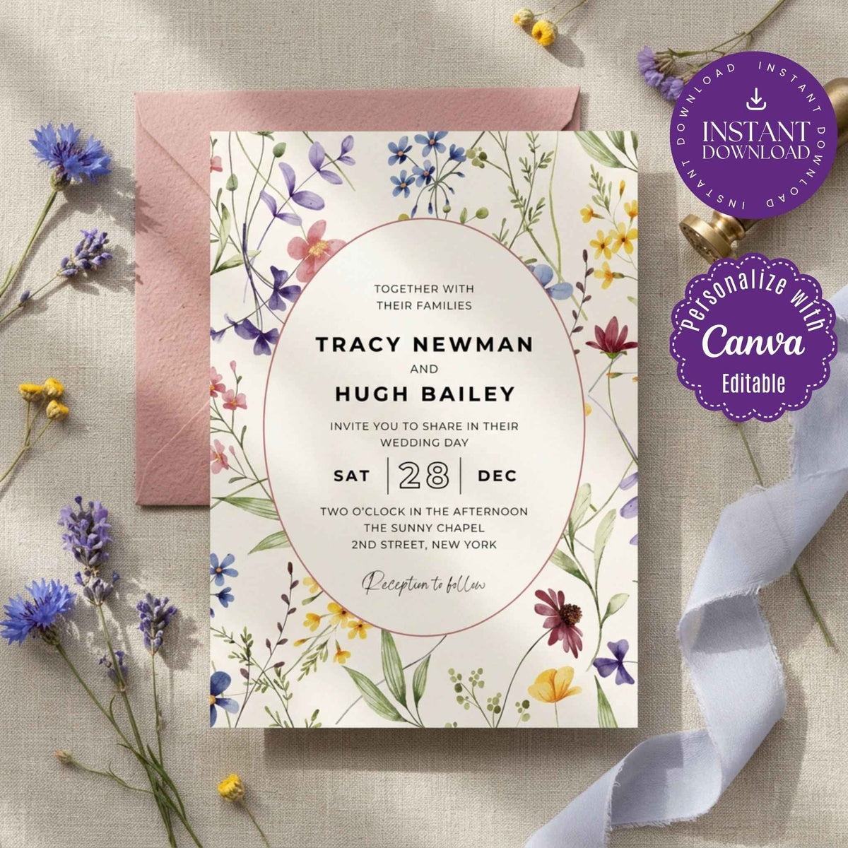 Soft Pastel Wildflower Wedding Invitation Template, Editable Canva