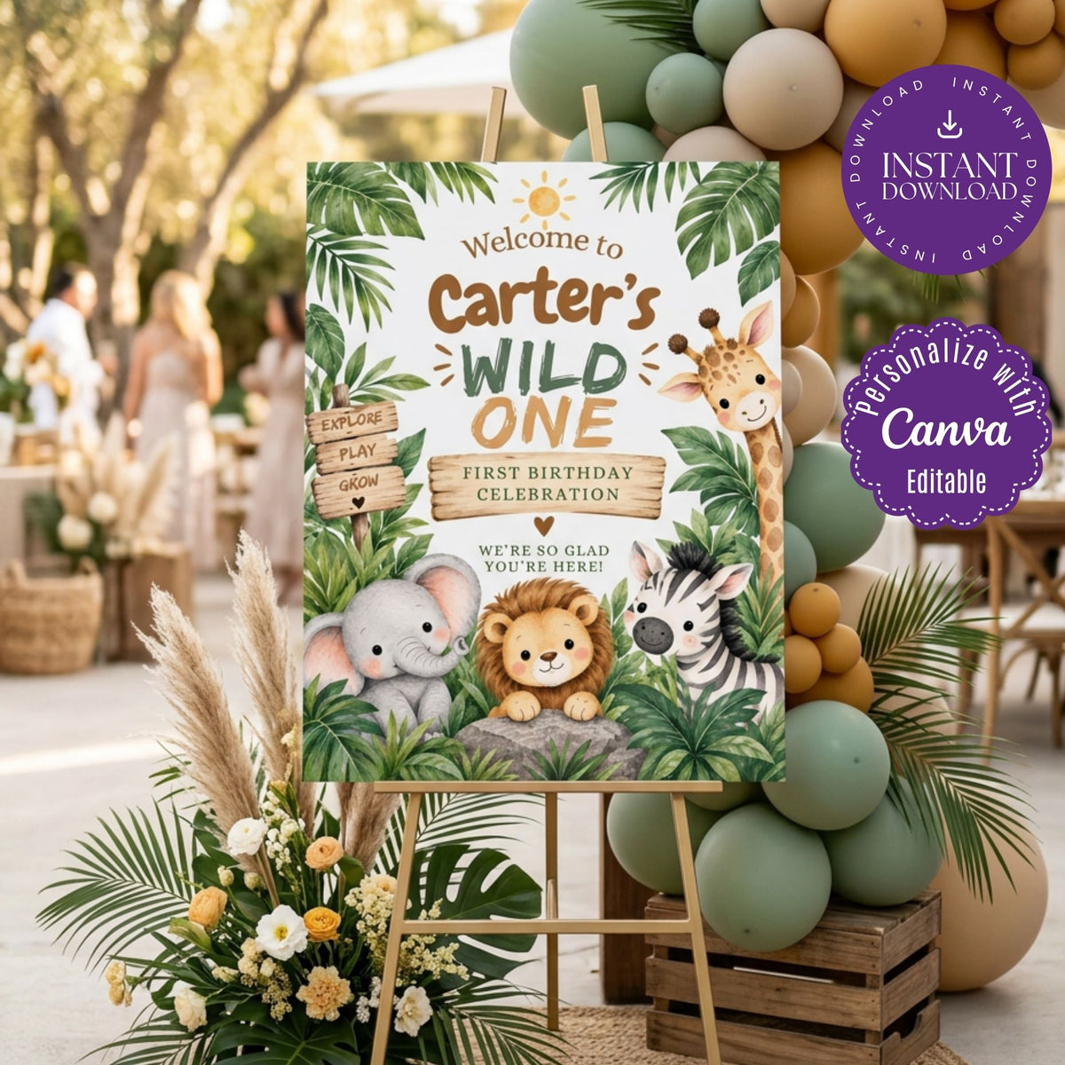 Wild One Safari 1st Birthday Welcome Sign Template, Little Adventurer Jungle Animals, Editable Canva, 3 Sizes