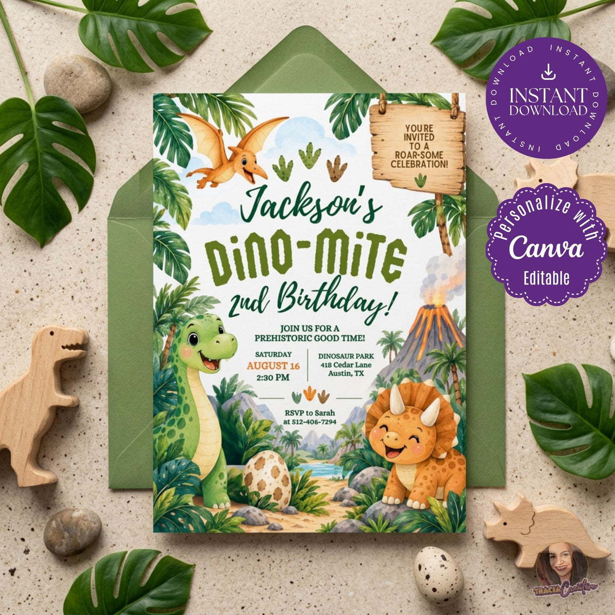 Dinosaur 2nd Birthday Invitation Template, Cute Editable Canva Dino Party Invite, 5x7