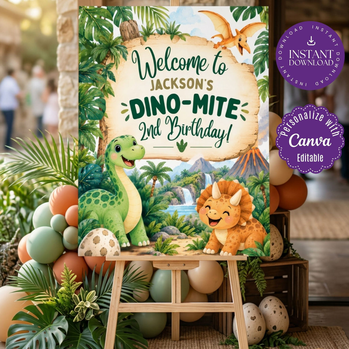 Dinosaur 2nd Birthday Welcome Sign Template, Editable Canva Party Sign
