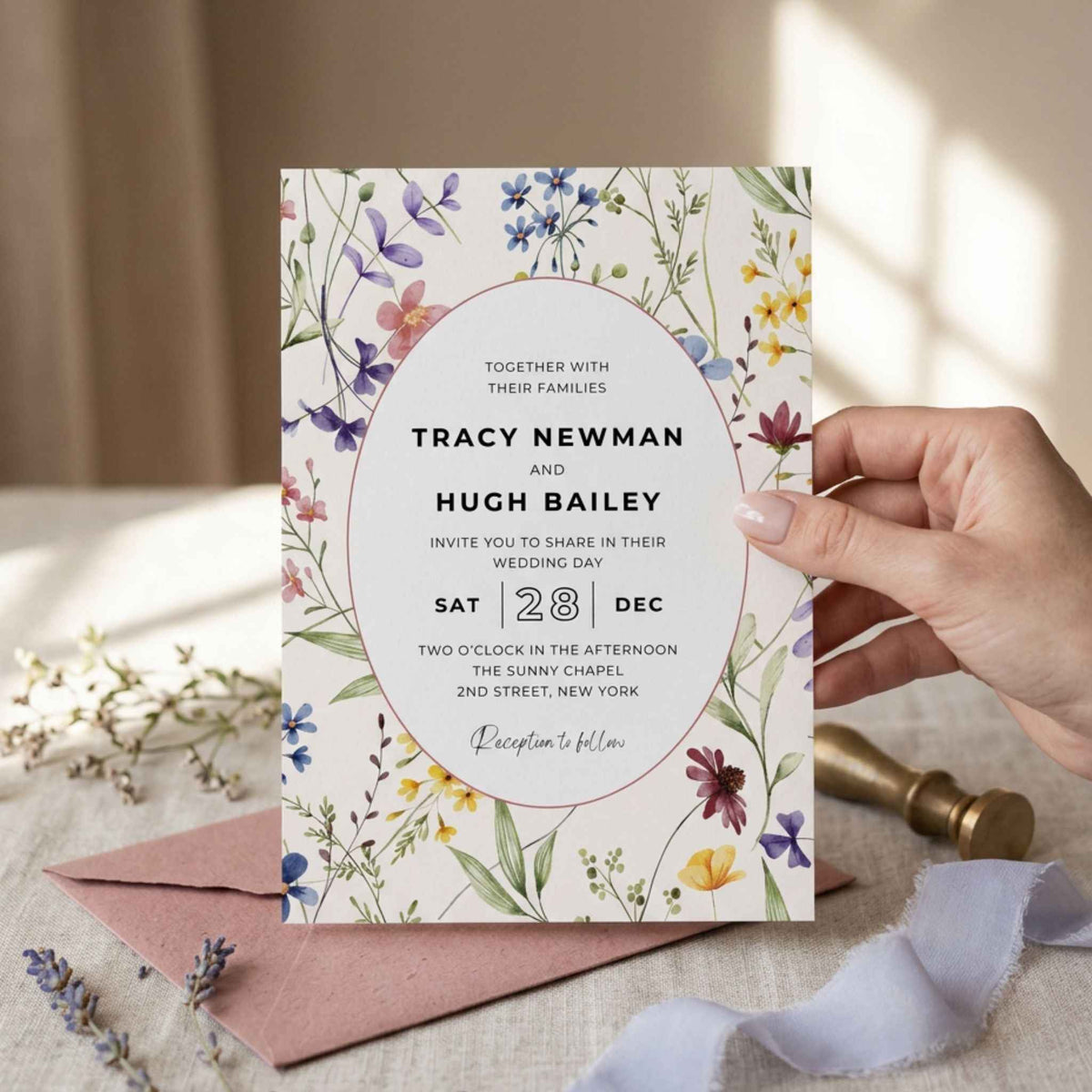 Soft Pastel Wildflower Wedding Invitation Template, Editable Canva