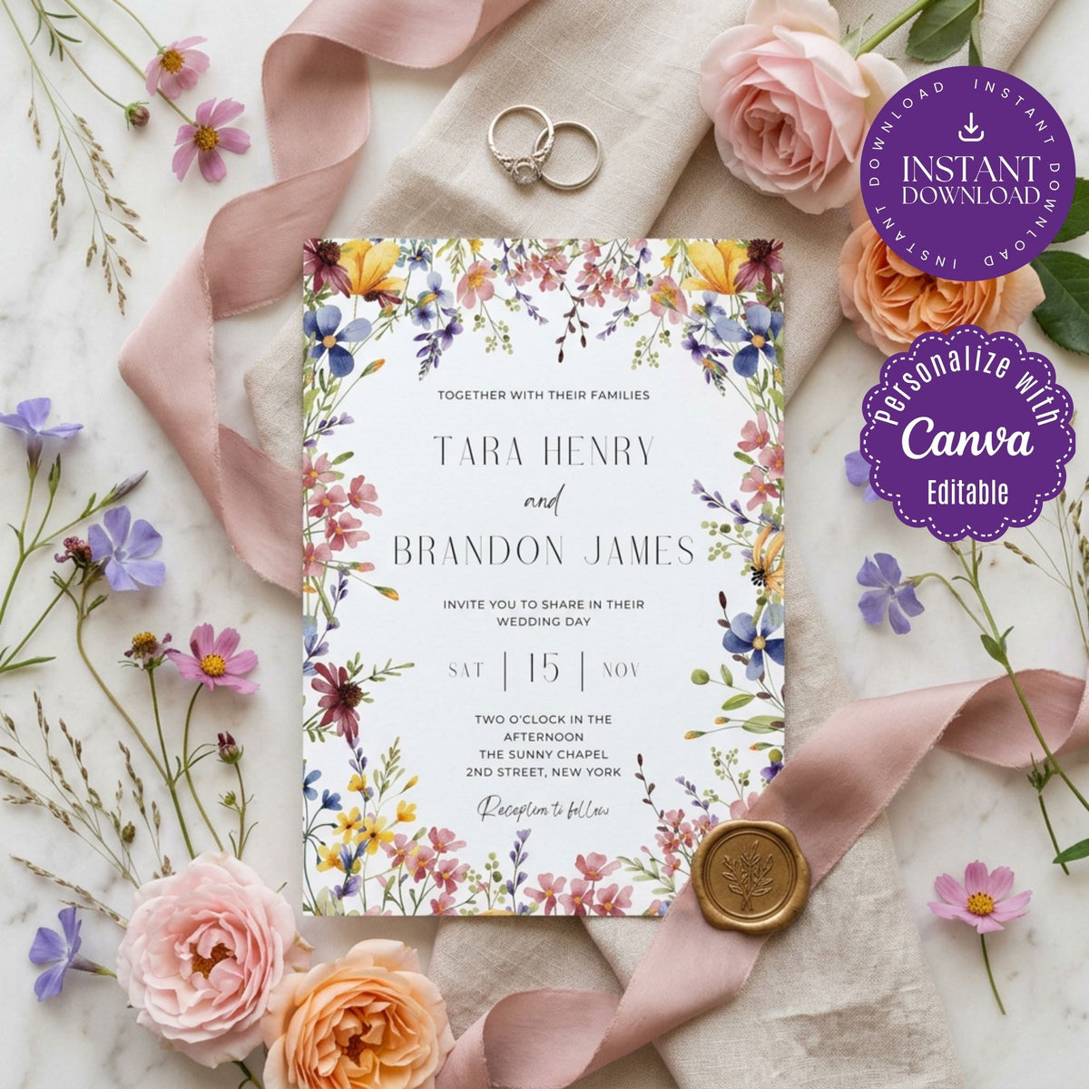 Colorful Wildflower Wedding Invitation Template, Vibrant Floral Wedding Invite, Editable Canva Template, Printable 5x7 Invitation