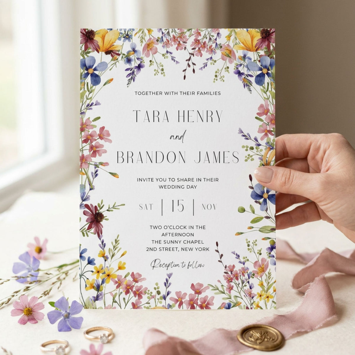 Colorful Wildflower Wedding Invitation Template, Vibrant Floral Wedding Invite, Editable Canva Template, Printable 5x7 Invitation