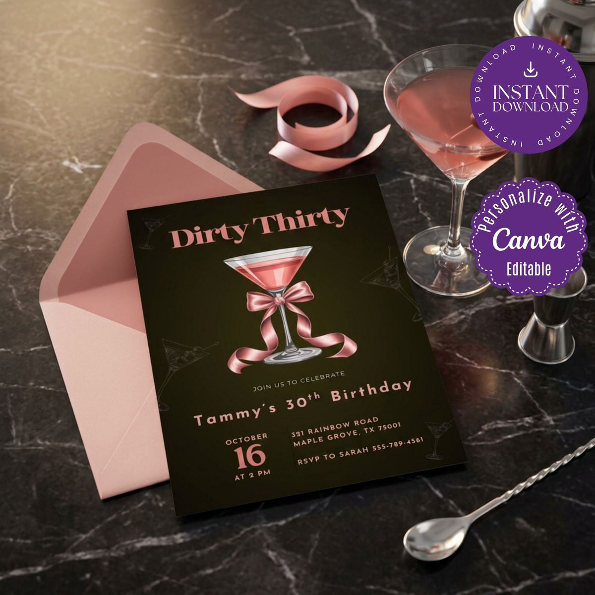 Dirty Thirty Birthday Invitation Template, Pink 30th Birthday Party Invite for Women, Editable Canva Template, Printable 5x7 Invitation