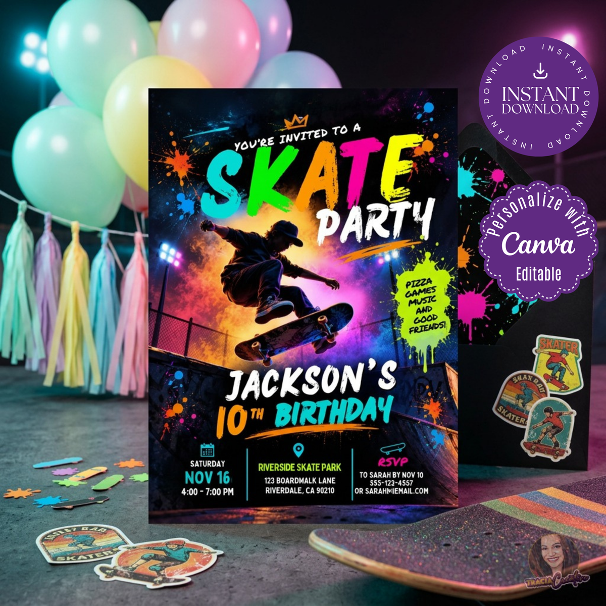 Skateboard 10th Birthday Invitation Template, Neon Skate Party Invite, Editable Canva Boys Birthday Invitation, Printable 5x7