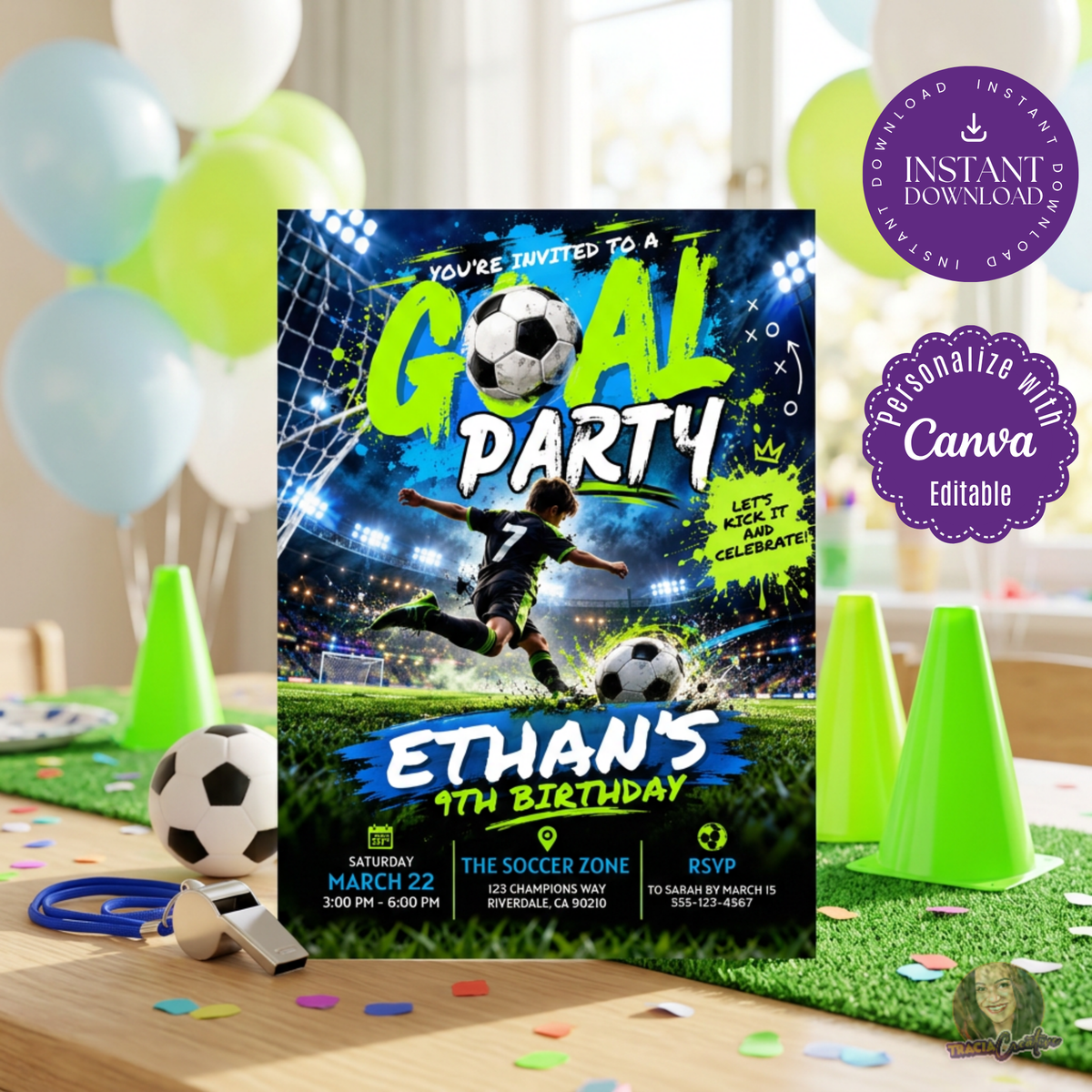 Soccer 9th Birthday Invitation Template, Neon Goal Party Invite, Editable Canva Boys Football Birthday Invitation, Printable 5x7