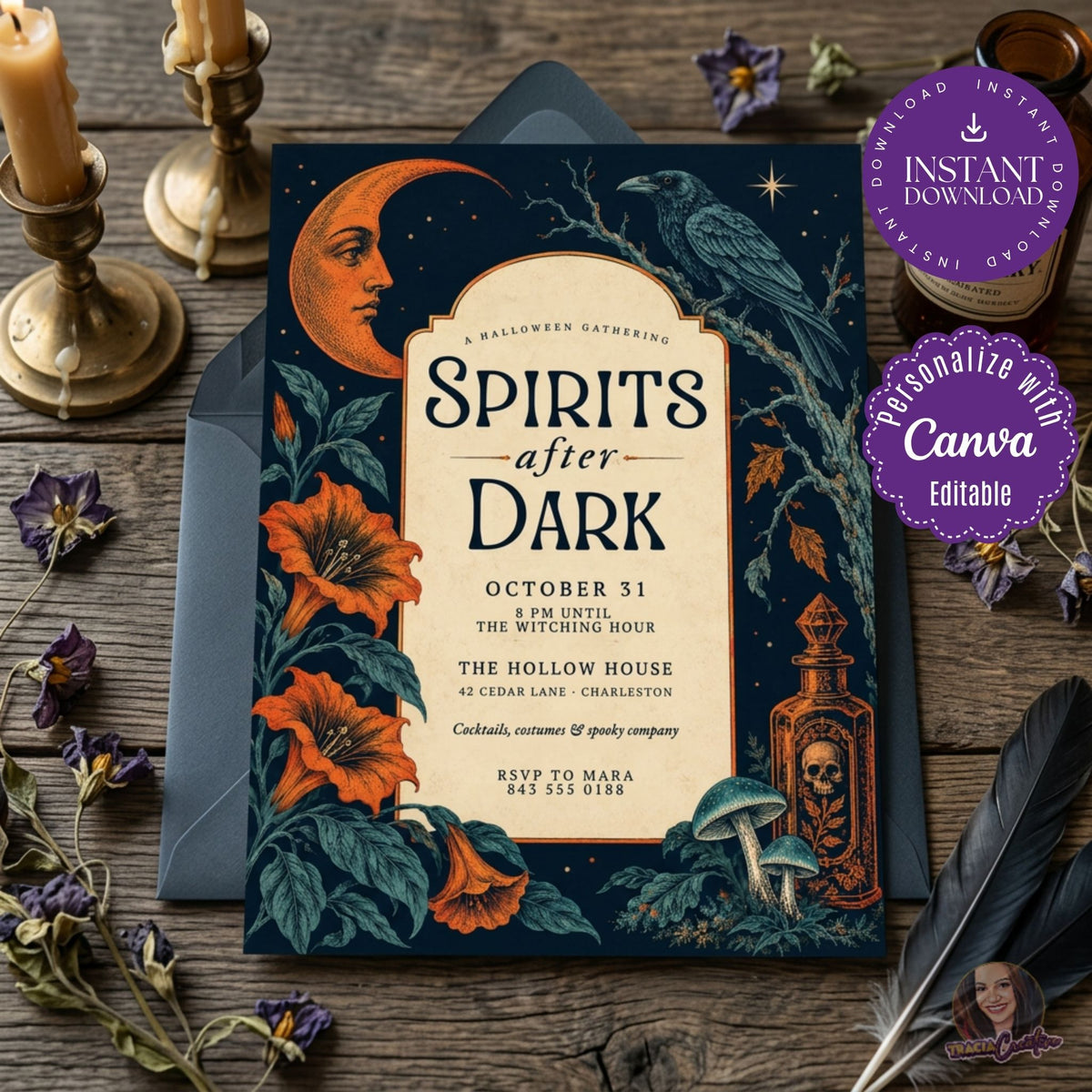 Spirits After Dark Halloween Party Invitation Template, Editable Canva Invite, Vintage Gothic Halloween Cocktail Party, Raven & Crescent Moon, 5x7