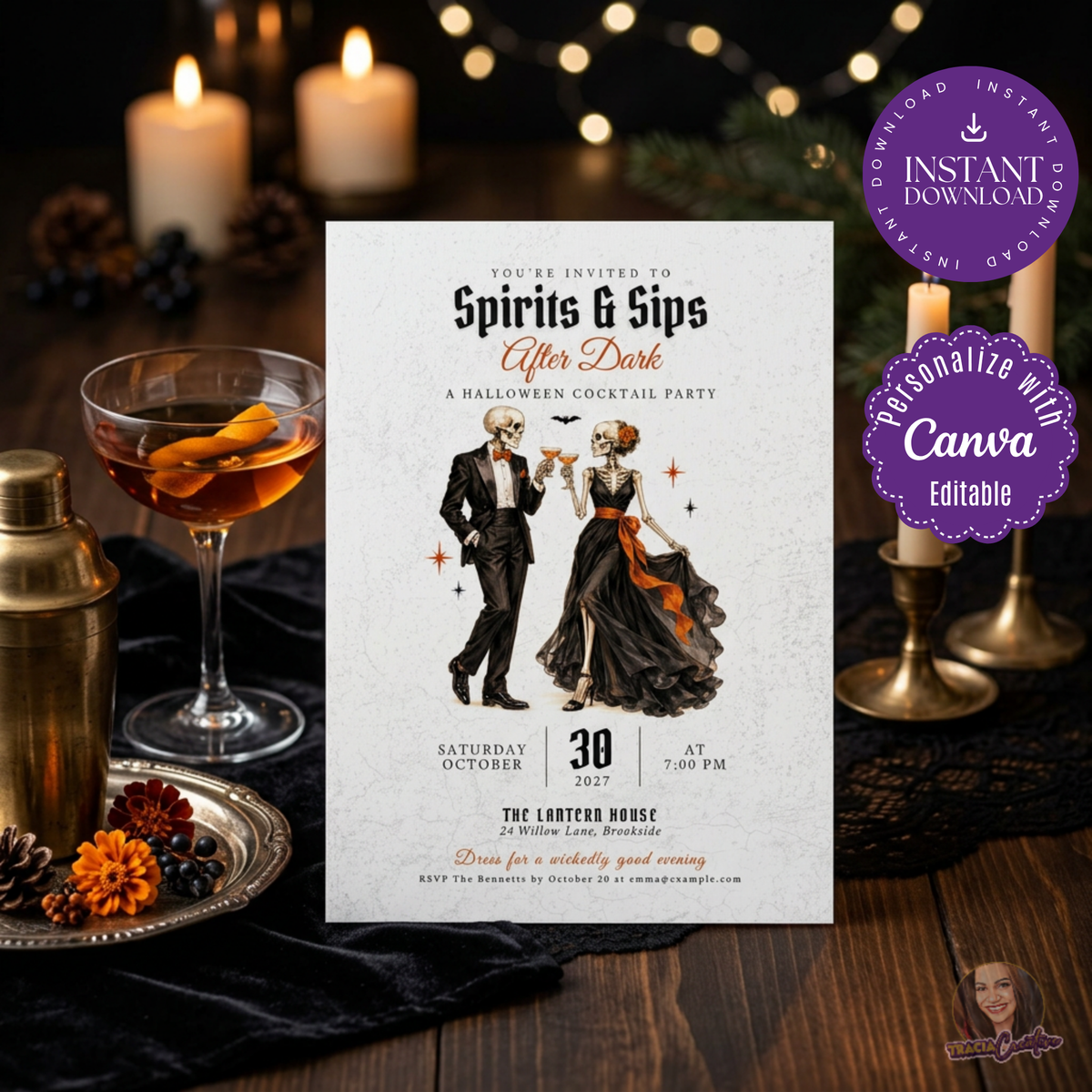 Spirits and Sips Halloween invitation with a skeleton couple, styled beside cocktails and candles.