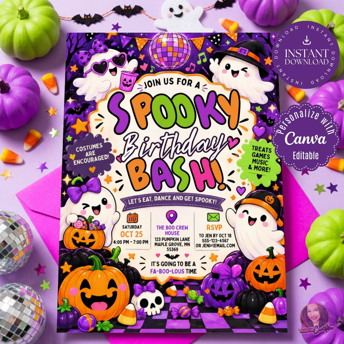 Spooky Birthday Bash Invitation Template, Editable Canva Kids Halloween Birthday Party Invite, Cute Ghost Pumpkin Invitation, Printable 5x7