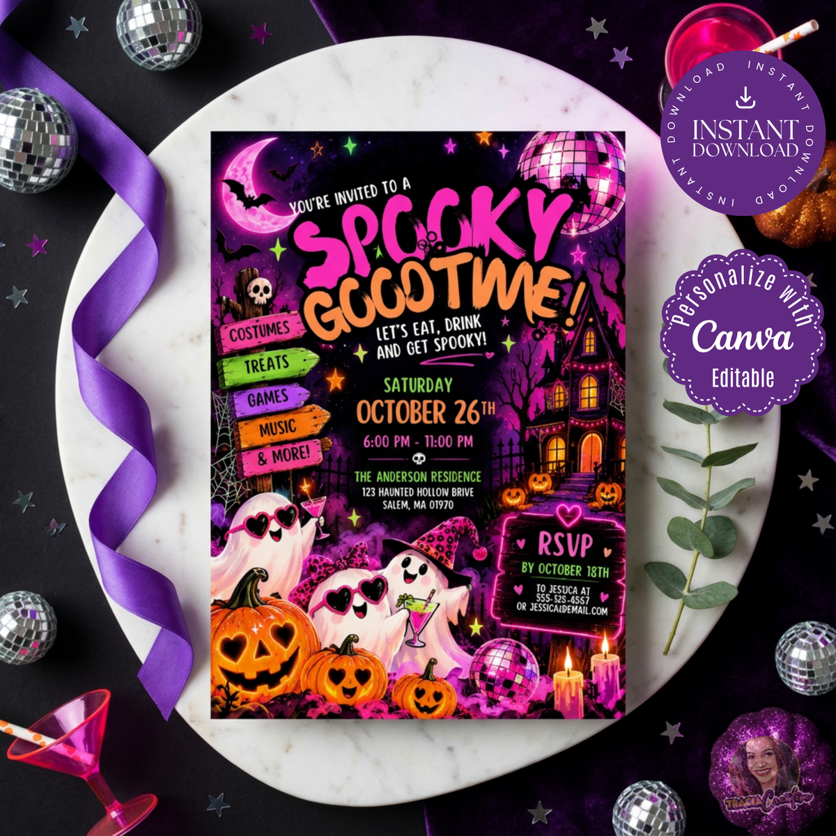 Spooky Good Time invitation with neon ghosts, pumpkins and disco balls on a white plate