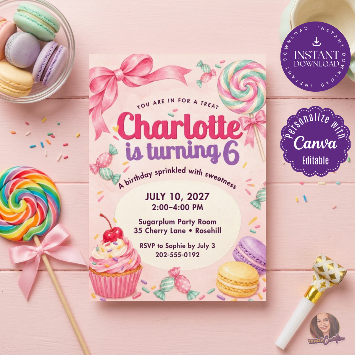 Pastel Sweet Six invitation with candy, bows and cupcakes, styled with macarons and lollipops.