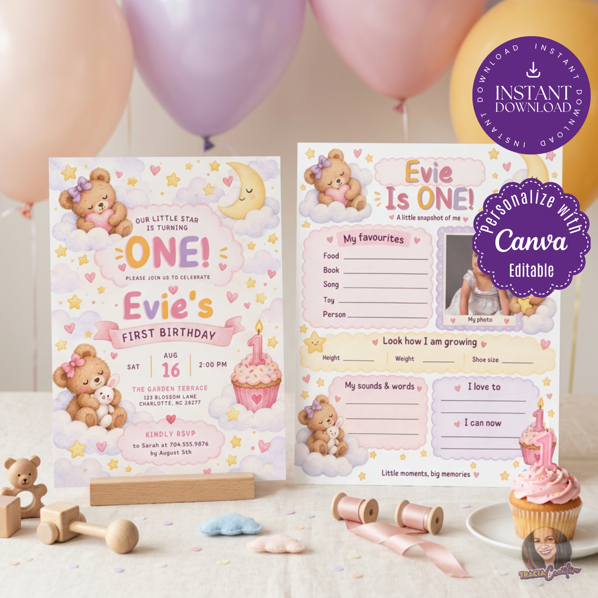 Teddy Bear First Birthday Invitation & Milestone Board Bundle, Editable Canva Girl Birthday Templates