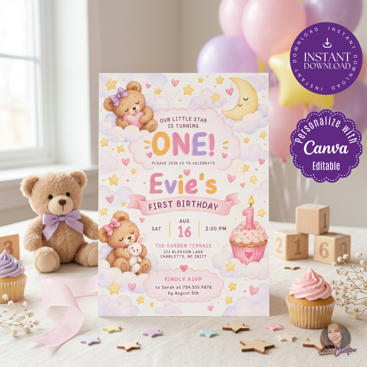 Teddy Bear First Birthday Invitation Template, Pastel Editable Canva Girl Birthday Invite, 5x7